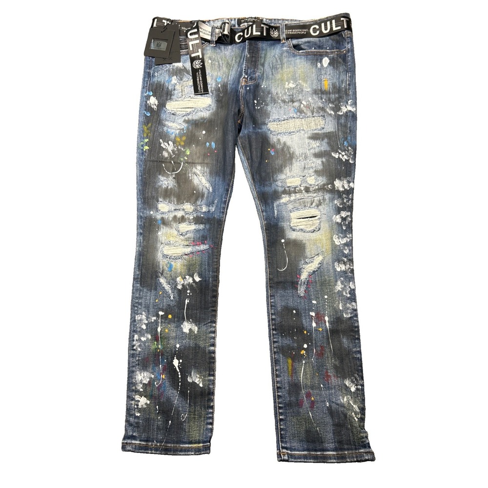 Cult of Individuality Punk Super Skinny Jeans 44x32 Mens Distressed Belted Denim